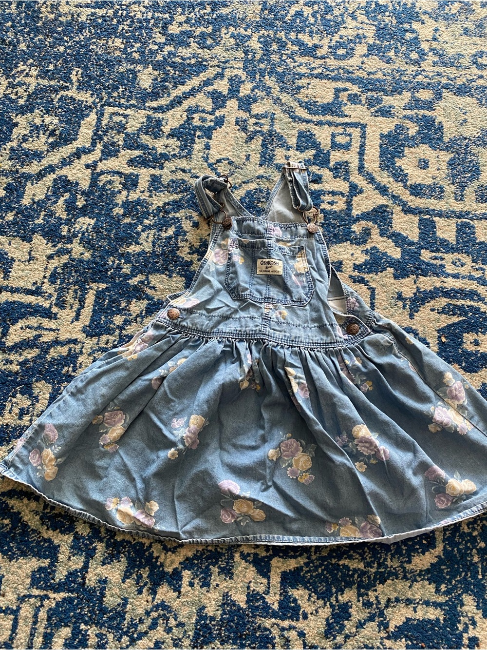 OshKosh B'gosh Denim Floral Skirt Overalls in Blue with Pink & Yellow Flowers